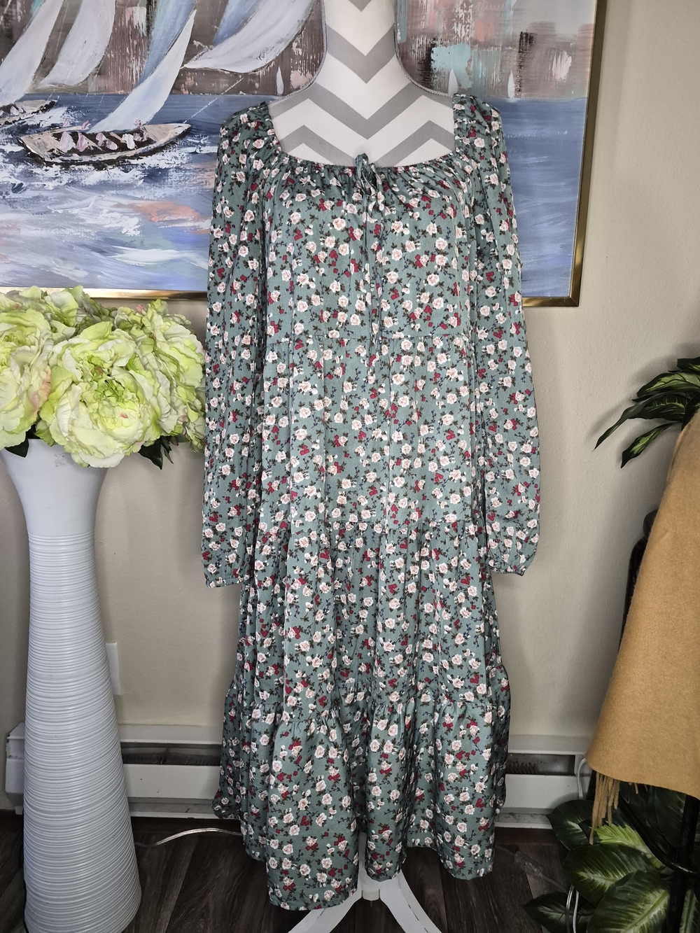 Sage Green Floral Long Sleeve Tiered Midi Dress — Boho Square Neck